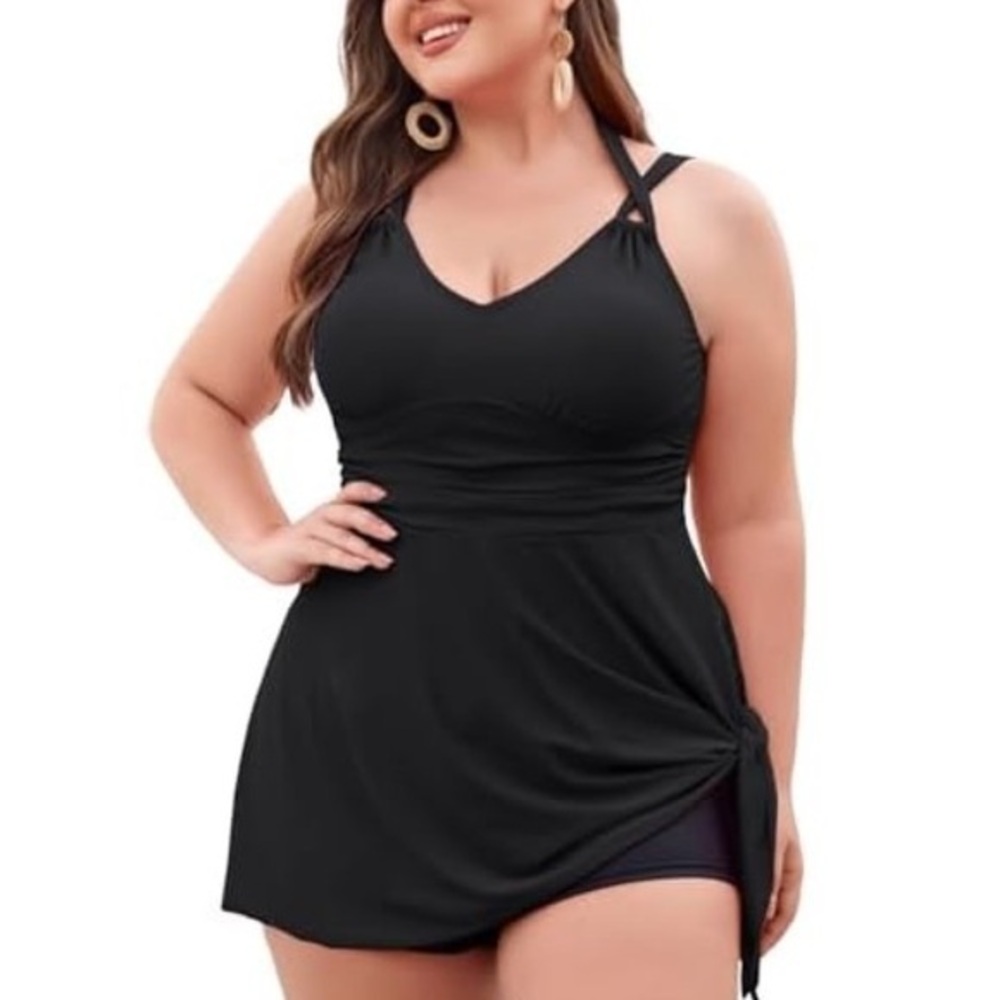 HANNA NIKOLE Tankini V Neck Halter Black Asymmetrical Hem Skirted Swimsuit 22W